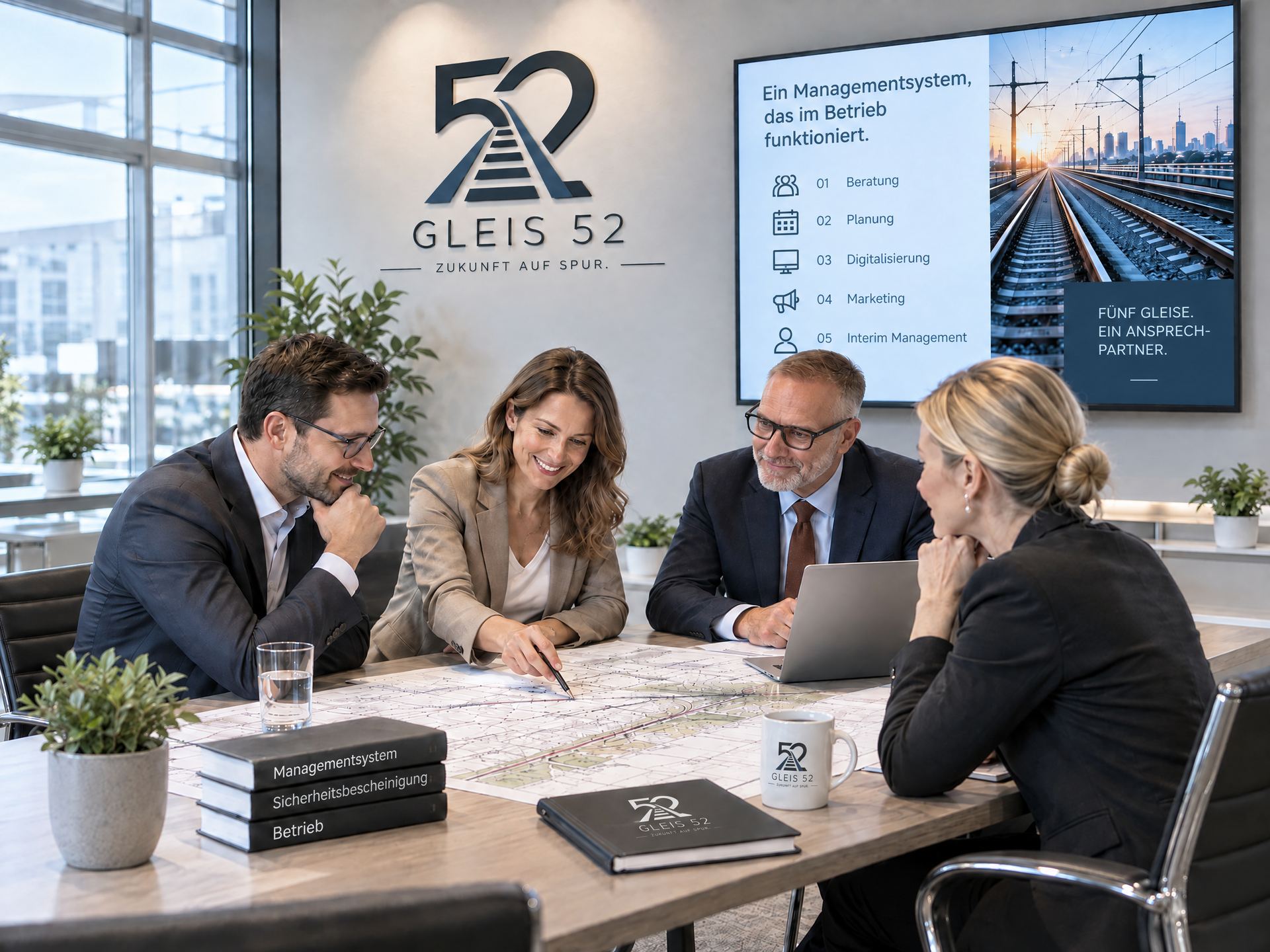 Besprechung an einem Tisch mit Streckenkarte, an der Wand das Gleis-52-Logo und ein Bildschirm mit den fünf Gleisen