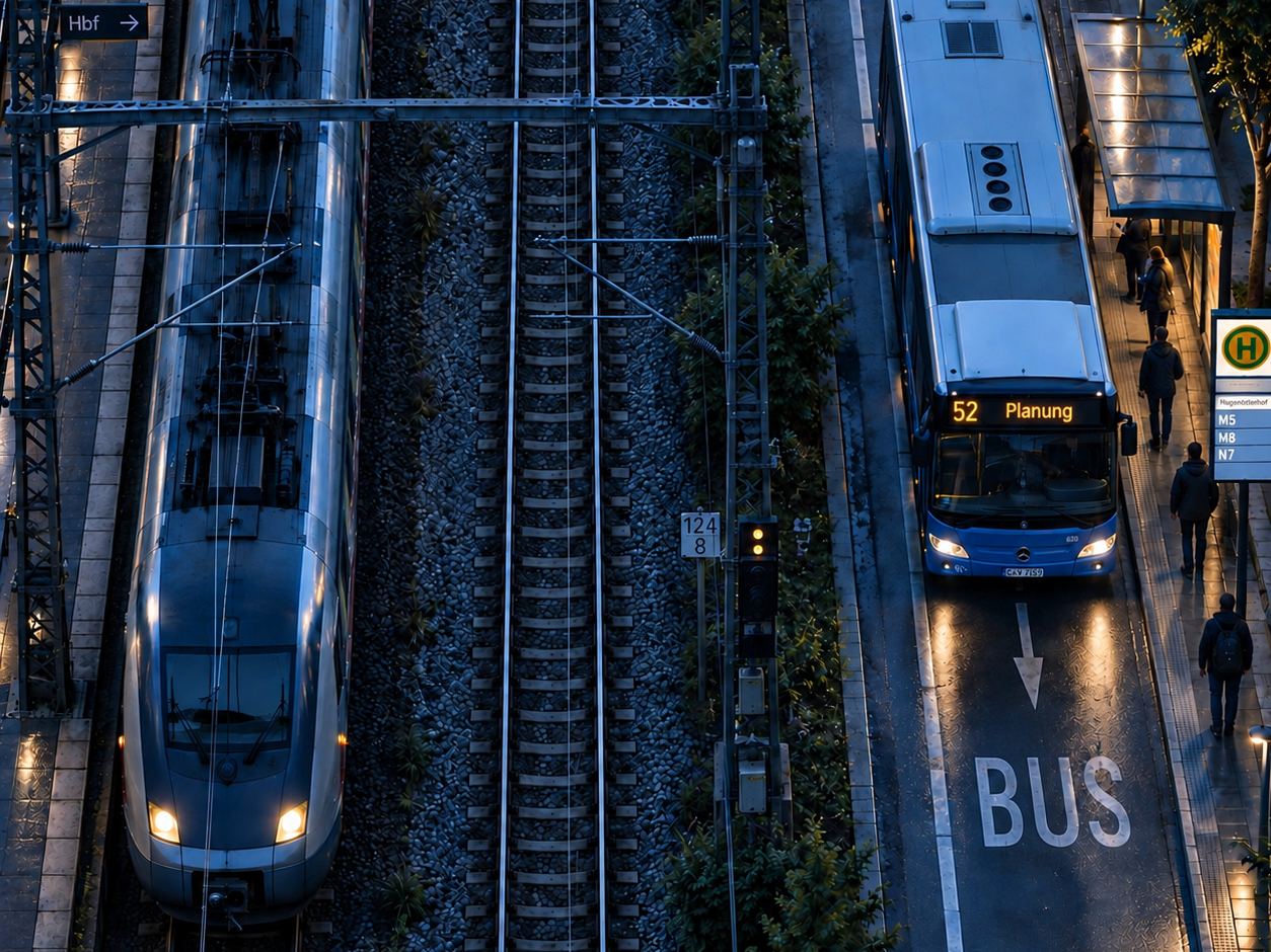 Bahnhof am Abend von oben, links ein Zug am Bahnsteig, rechts ein Linienbus mit der Anzeige „52 Planung“ an der Haltestelle