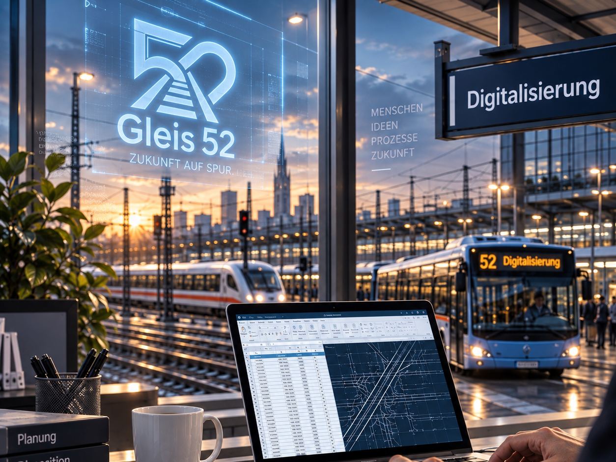 Arbeitsplatz mit Laptop an einem Bahnhof im Abendlicht, draußen ein Zug und ein Bus mit der Anzeige „52 Digitalisierung“