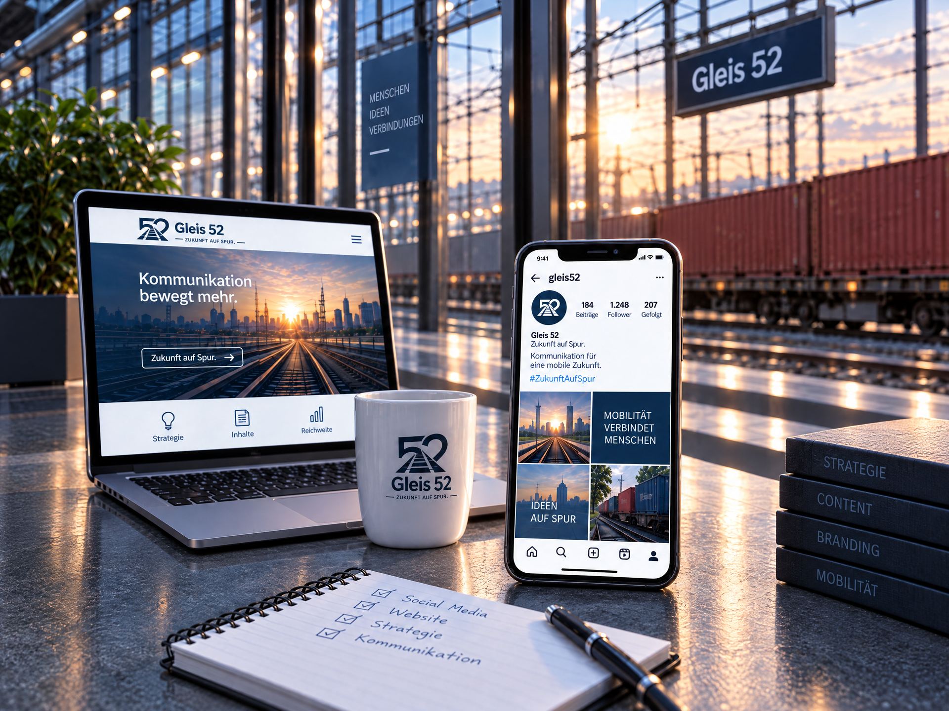Schreibtisch am Bahnhof in der Abendsonne mit Laptop und Smartphone, die Website und Social-Media-Profil von Gleis 52 zeigen, daneben eine Tasse mit dem Logo